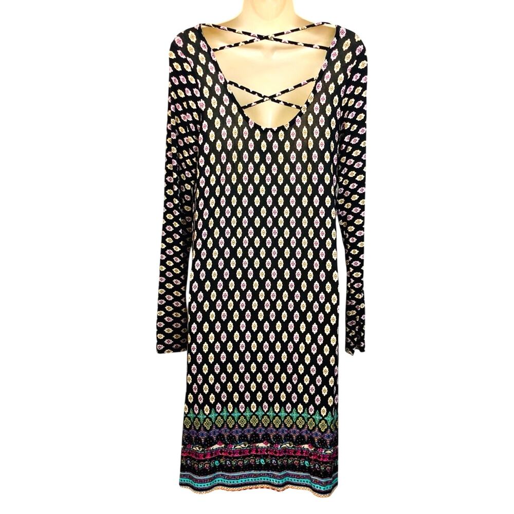 NWT Loveappella Charming Black Multi Colored Design Kasi Knit Dress Caged Back